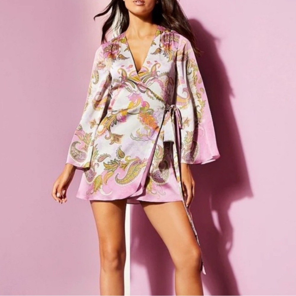 Gianni Bini Jenni Pink and Gold Paisley Women's Satin Long sleeve midi dress L